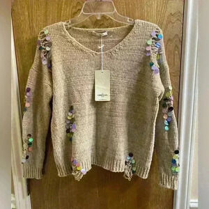 Grifflin Distressed Ripped Sweater with Multicolored Sequins Tan Size S/M Soft